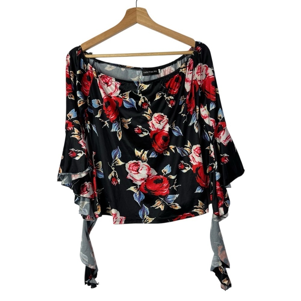 Boutique Fancyqube Black Floral Ruffle Bell Sleeve Off Shoulder Top XL